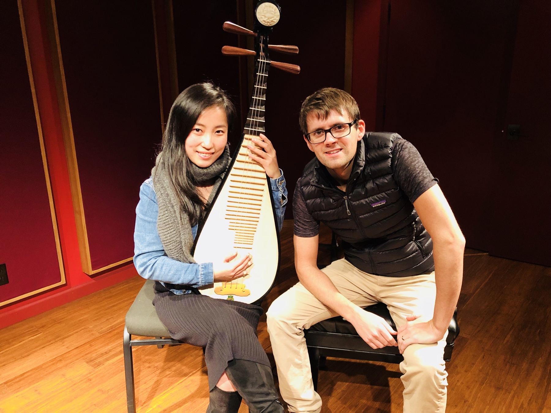 Lu Liu with composer Chad Cannon during the Moving Through Tea recording session